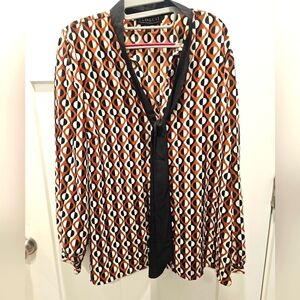 Eloquii Tie Neck Blouse Women’s Plus Size 16 Geometric Print Long Sleeve